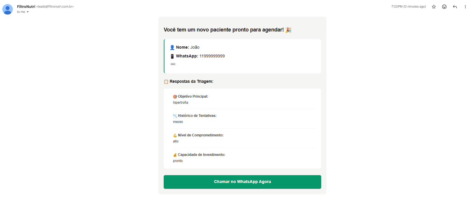 E-mail com dados do paciente
