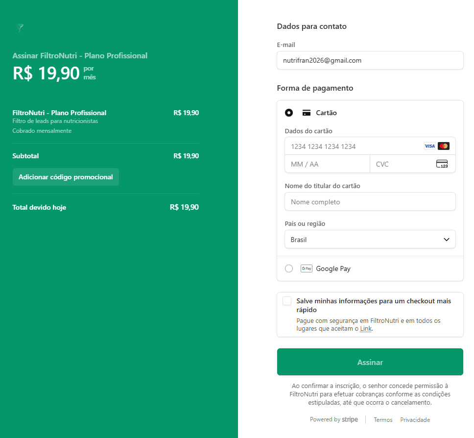 Página de checkout do Stripe