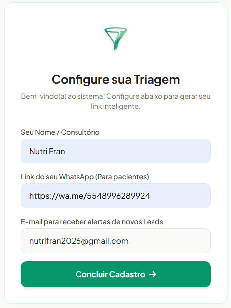 Tela de configuração de triagem